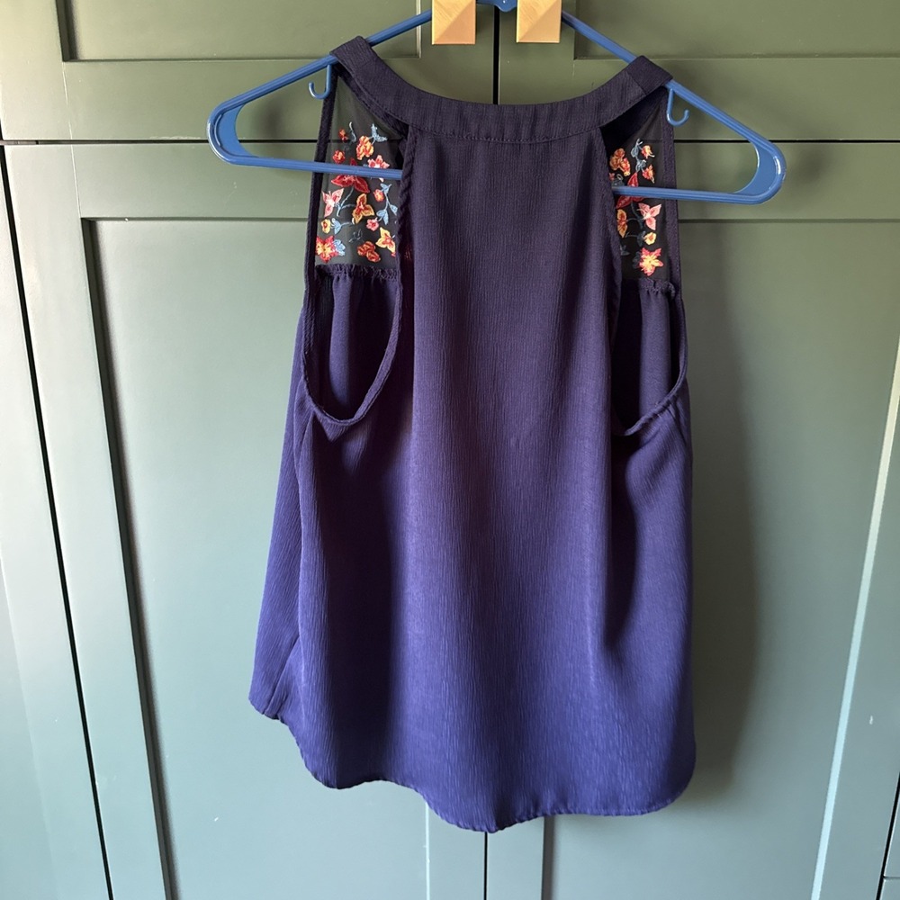 Flower Stitched Dark Blue Tank Size S Whimsical Romantic Dreamy Flirty - Picture 5 of 5